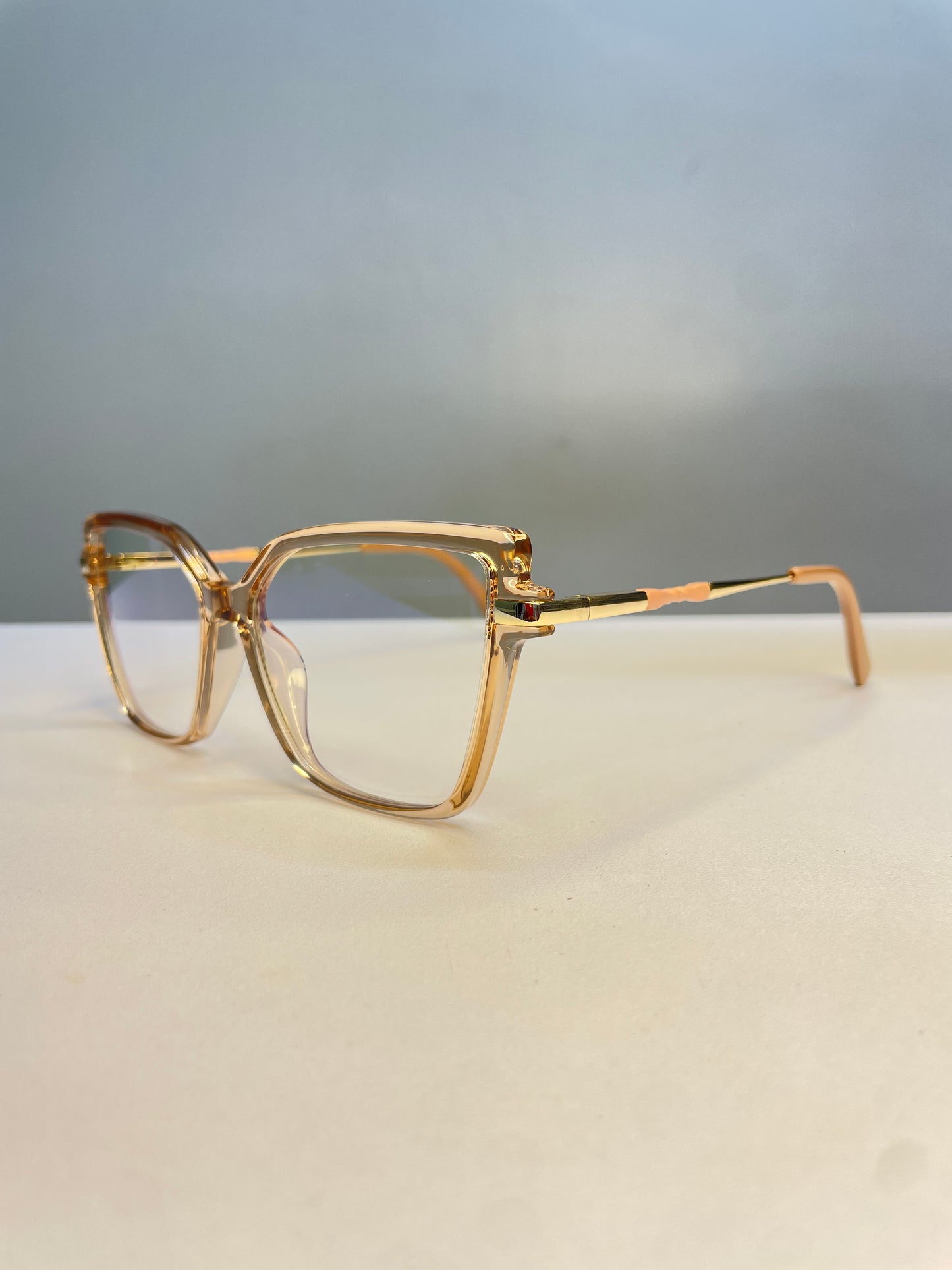 Clara collection, perfectly nude clear with sleek metallic arms